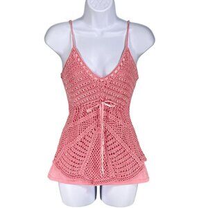 J.J. Basics Y2K Womens L Babydoll Pink Crochet Top Coquette Stretch Cottagecore